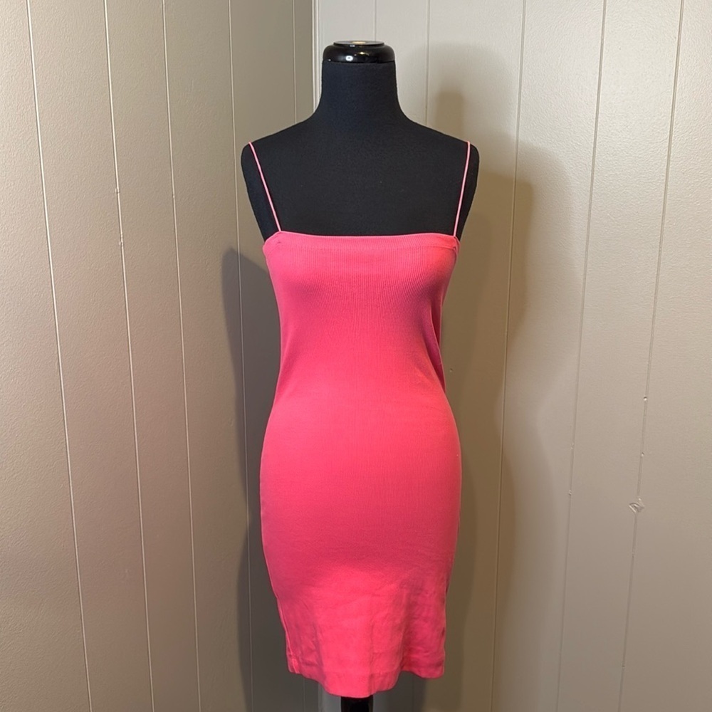 Zara Ribbed Mini Dress Womens Medium Large Camellia Pink Bodycon Fitted Stretch - Picture 2 of 7